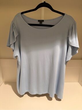 Ann Taylor Light Blue Ruffle Short Sleeve Scoop Neck Top